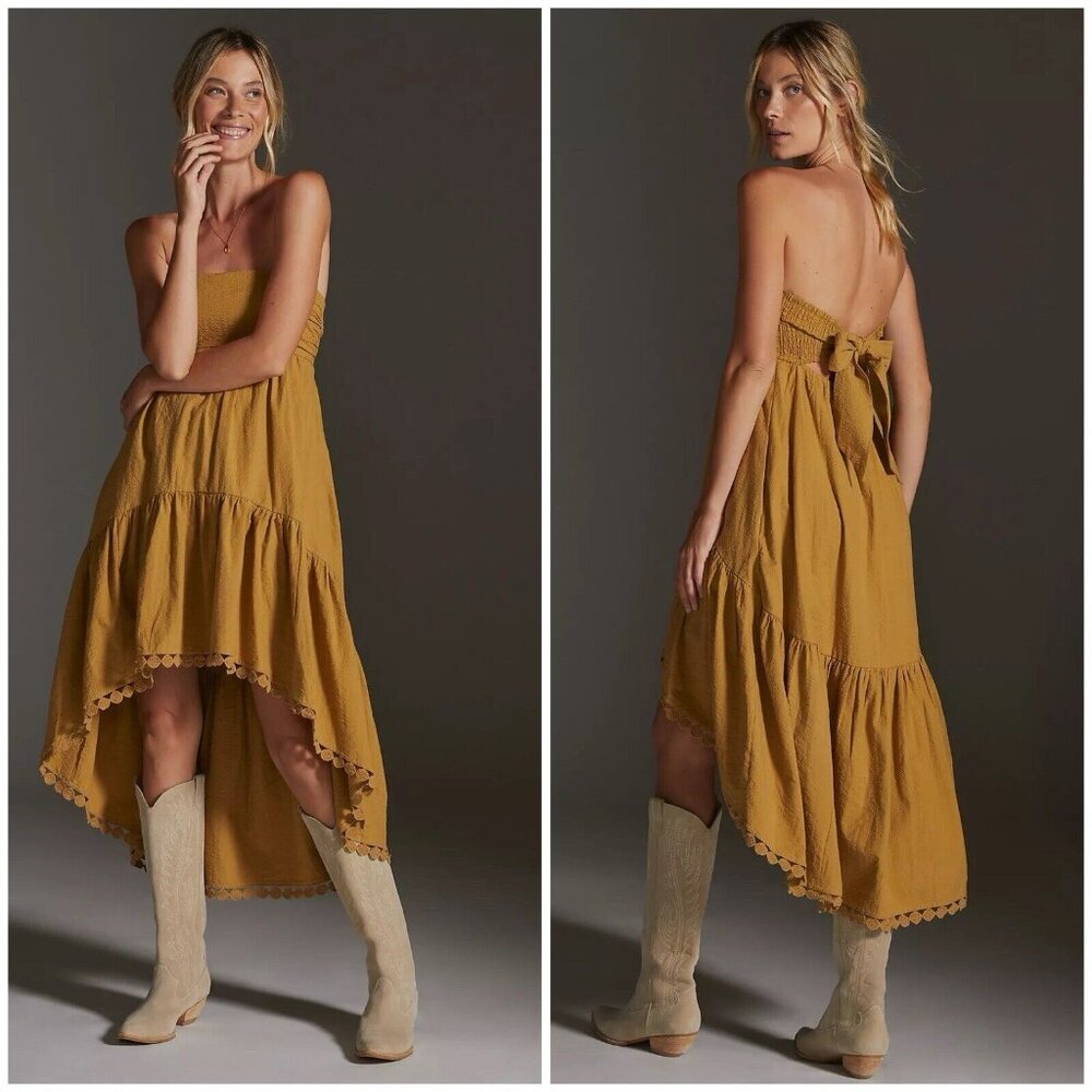 Anthropologie Maeve High Low Midi Dress Strapless Tiered Boho Gold Size XL New